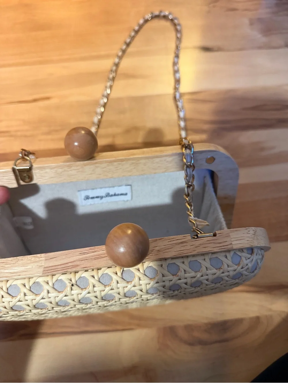 Tommy Bahama Cream Woven Rattan Crossbody Clutch with Gold Chain